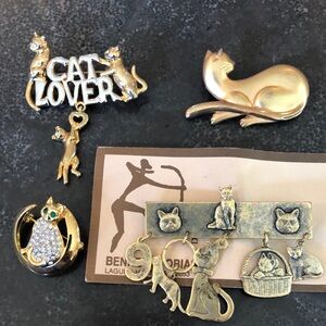 Cat Lover Brooch Pin Set - Gold tone